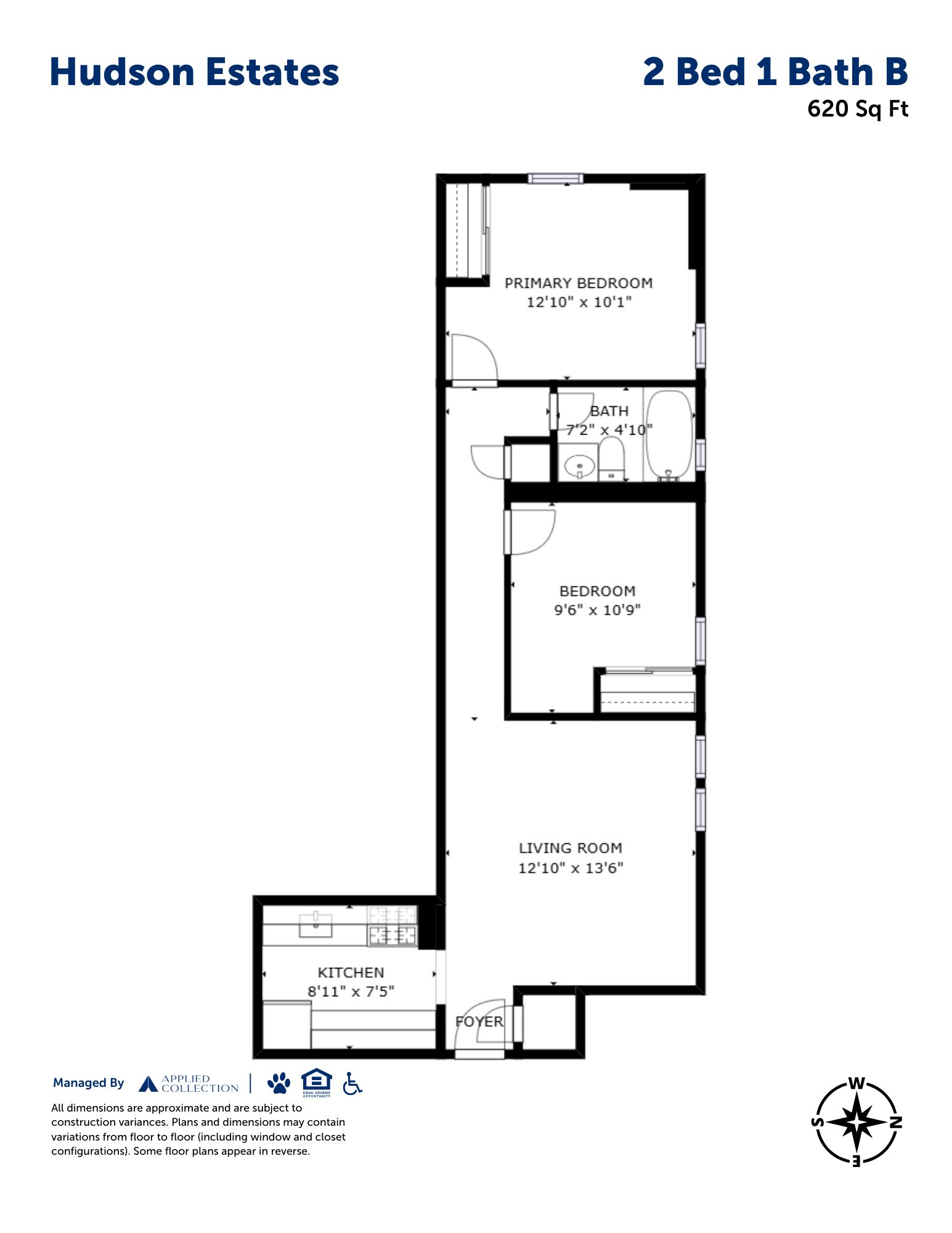 Floor plan for 2 beds, 1 bath, 620 sqft